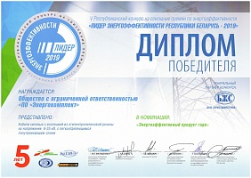Диплом победителя «Лидер энергоэффективности Республики Беларусь 2019»